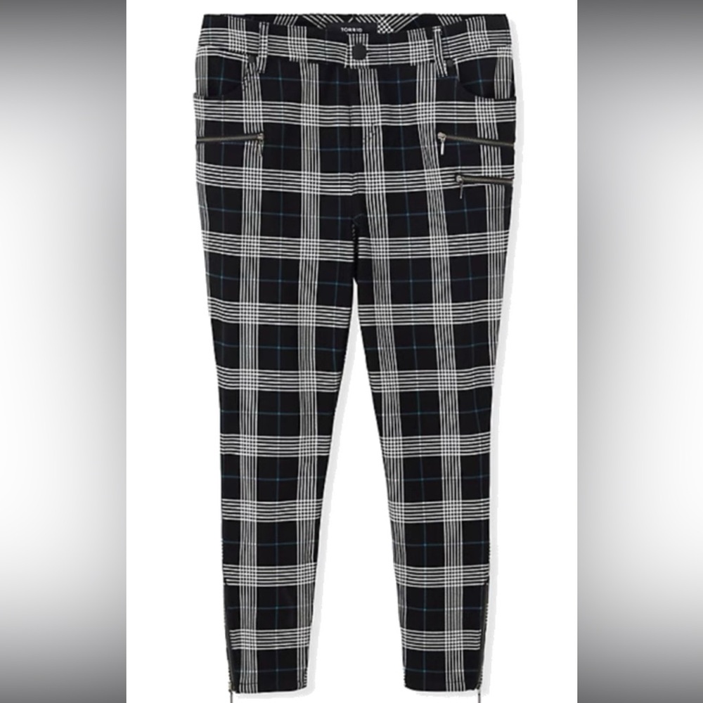 Torrid Plus Size 12 BLACK & TEAL PLAID PONTE MULTI ZIP SKINNY ANKLE PANT Slacks